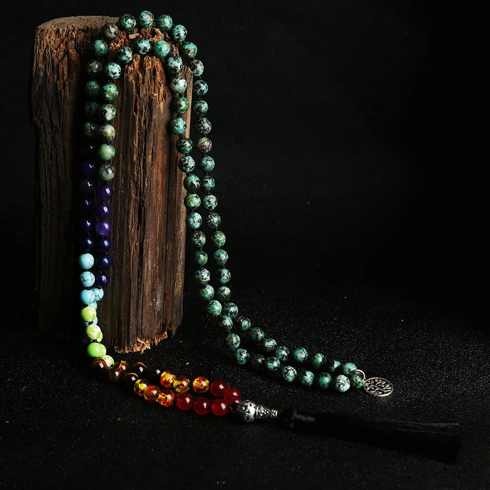 🌟African Turquoise "Evolution & Balance" 108 Mala – 8mm Knotted 7 Chakra Prayer Beads for Transformation &amp; Inner Peace 🧘♂️✨