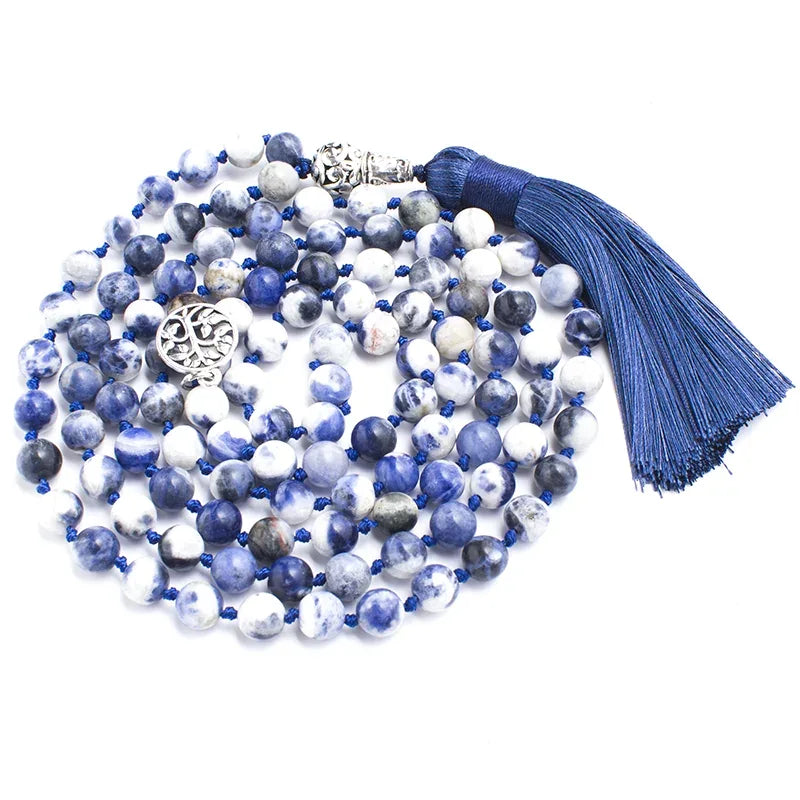 💙 Natural Flower Blue Sodalite Hand-Knotted 108 Mala Beads: The Stone of Truth & Inner Peace – Throat Chakra Healing Meditation Necklace & Yoga Rosary