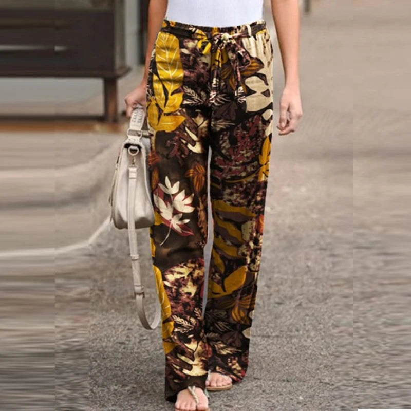 Vintage Women Drawstring Trousers Spring Autumn Fashion Floral Printed Wide Leg Pants Ladies Casual Loose Long Pantalones