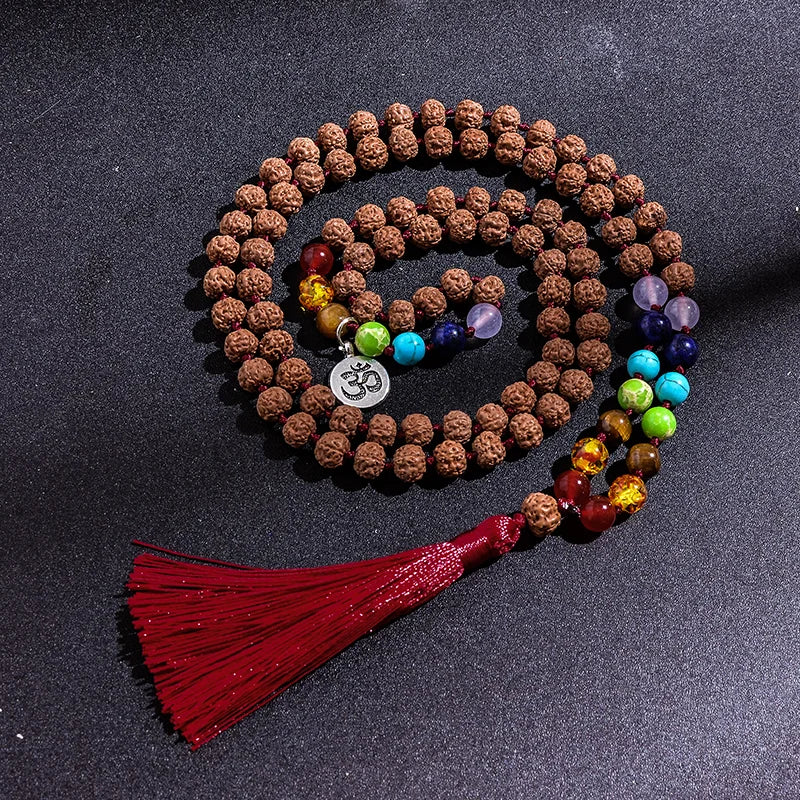 🕉️ Authentic Rudraksha & 7 Chakra Mala: 108 Bead Knotted Necklace with OM Pendant – Sacred "Tears of Shiva" Prayer Rosary for Meditation & Yoga