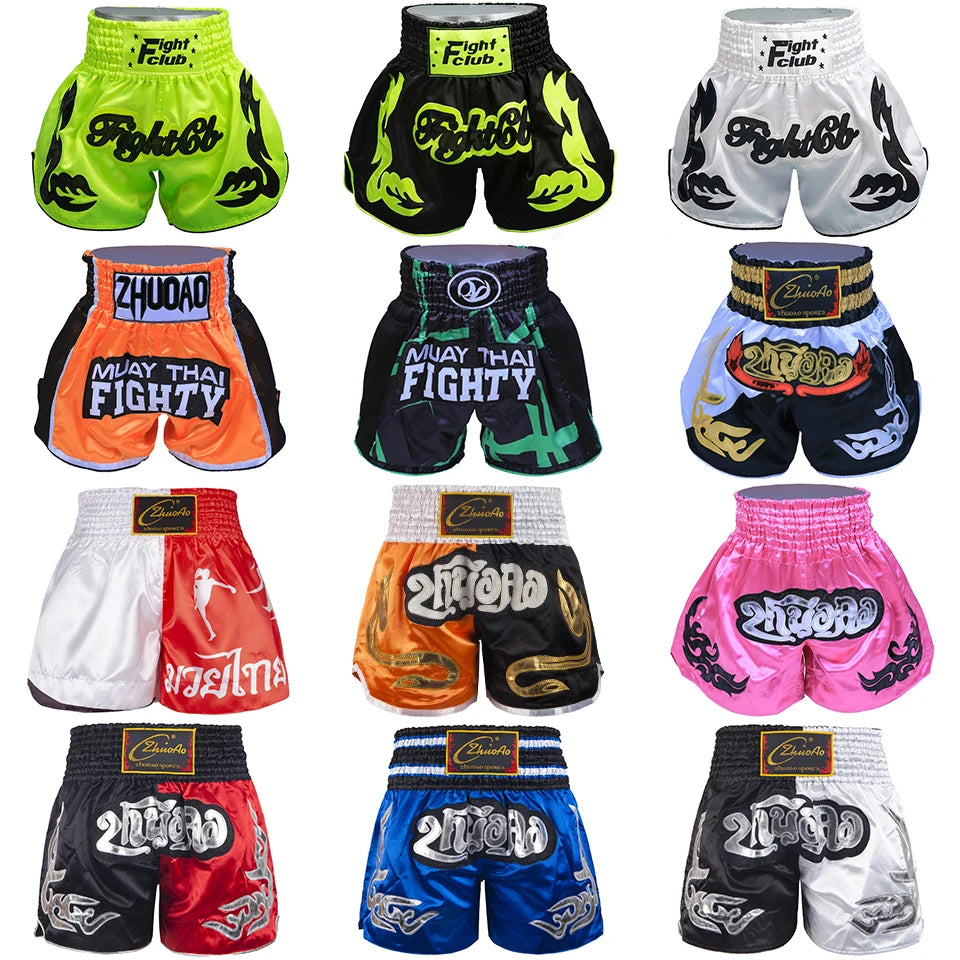 🥊The Apex Warrior Muay Thai Shorts: Professional Combat Performance Trunks – High-Definition Embroidery, Breathable Satin-Polyester, Custom Name/Logo Support, and Traditional Wide-Waistband Fit for Men, Women, and Kids