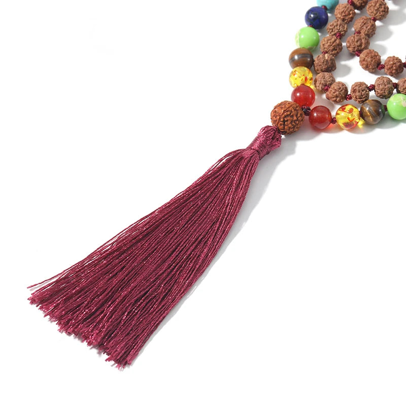 🕉️ Authentic Rudraksha & 7 Chakra Mala: 108 Bead Knotted Necklace with OM Pendant – Sacred "Tears of Shiva" Prayer Rosary for Meditation & Yoga