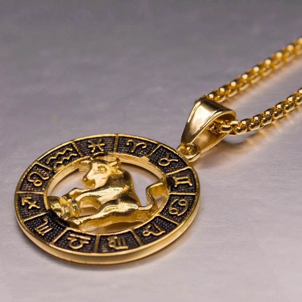 ♌♏ Zodiac Sign Leo Scorpio Pendant Necklace – Gold Color Stainless Steel Round 12 Constellation Design Unisex Astrology Jewelry Stylish Gift for Women and Men