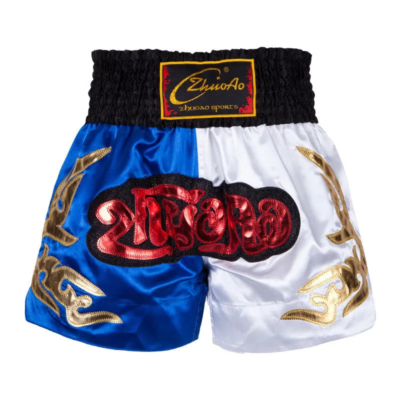 🥊The Apex Warrior Muay Thai Shorts: Professional Combat Performance Trunks – High-Definition Embroidery, Breathable Satin-Polyester, Custom Name/Logo Support, and Traditional Wide-Waistband Fit for Men, Women, and Kids