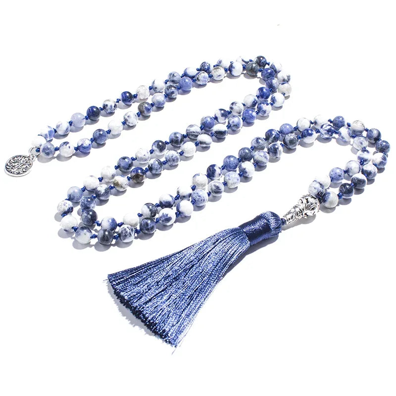 💙 Natural Flower Blue Sodalite Hand-Knotted 108 Mala Beads: The Stone of Truth & Inner Peace – Throat Chakra Healing Meditation Necklace & Yoga Rosary Necklace