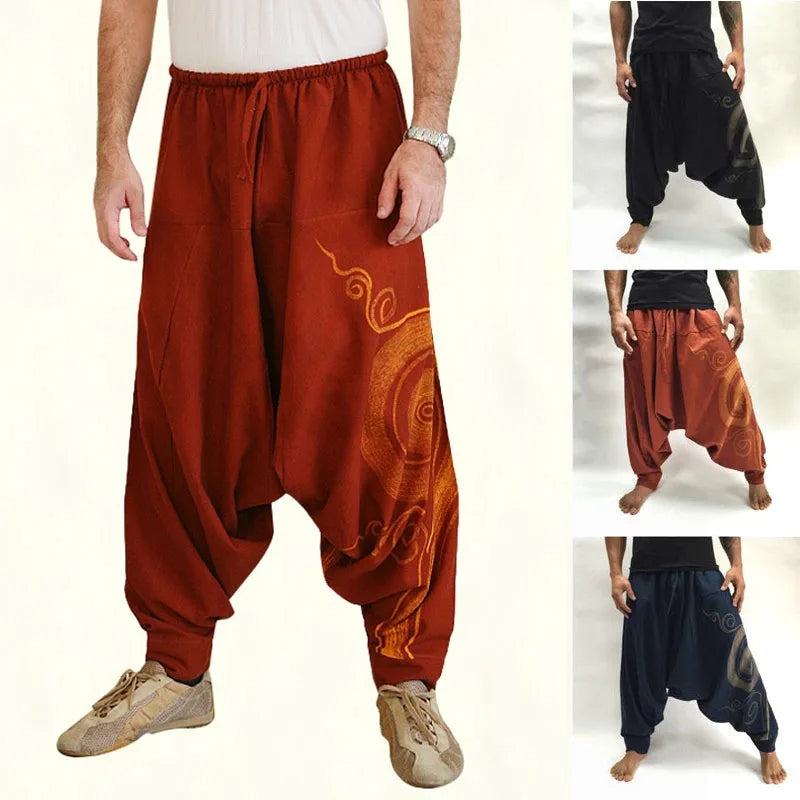 The Zenith Nomad Premium Men's Harem Yoga Pants - High-Definition Baggy Hippie Boho Style Aladdin Silhouette Trousers, Ultra-Breathable Mid-Waist Elastic Comfort Casual Urban-Gypsy Lounge Wear Apparel