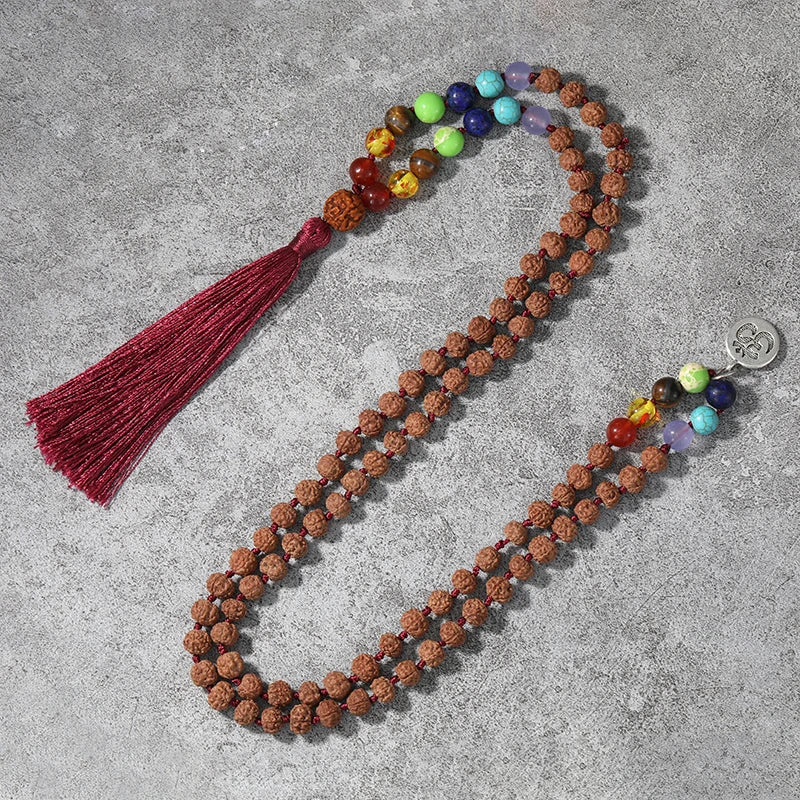 🕉️ Authentic Rudraksha & 7 Chakra Mala: 108 Bead Knotted Necklace with OM Pendant – Sacred "Tears of Shiva" Prayer Rosary for Meditation & Yoga