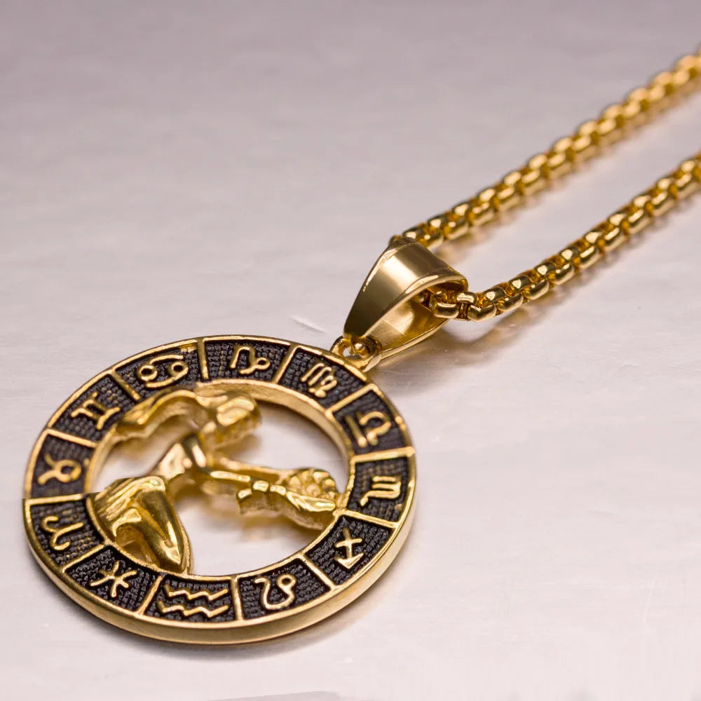 ♌♏ Zodiac Sign Leo Scorpio Pendant Necklace – Gold Color Stainless Steel Round 12 Constellation Design Unisex Astrology Jewelry Stylish Gift for Women and Men