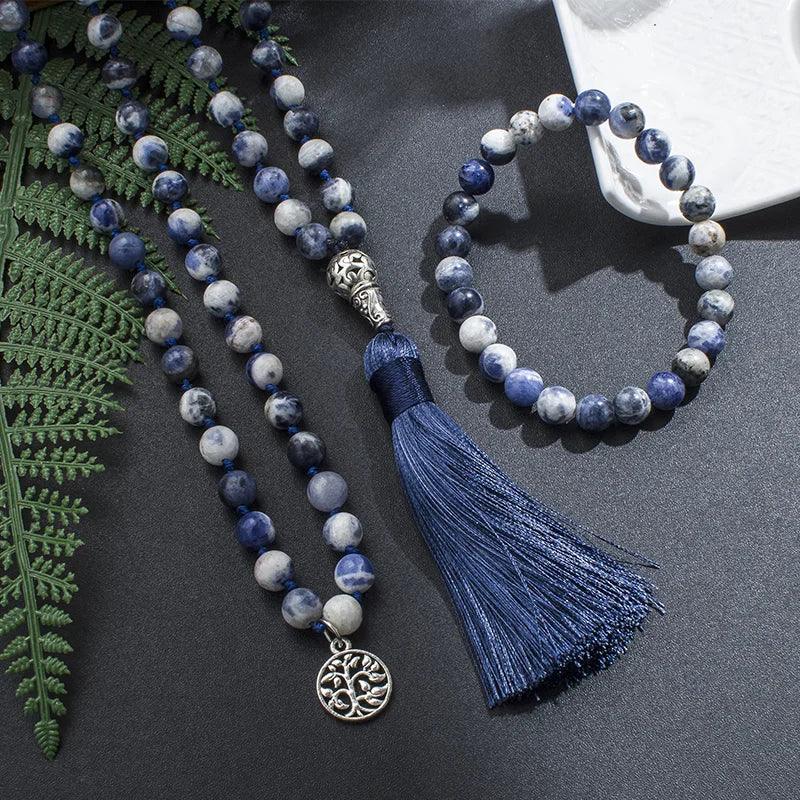 💙 Natural Flower Blue Sodalite Hand-Knotted 108 Mala Beads: The Stone of Truth & Inner Peace – Throat Chakra Healing Meditation Necklace & Yoga Rosary