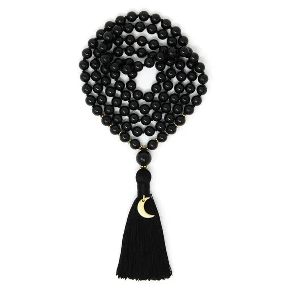 ✨ Black Tourmaline Moon Mala Beads – Knotted Japa Mala with 108 Buddhist Prayer Beads for Protection and Spiritual Growth
