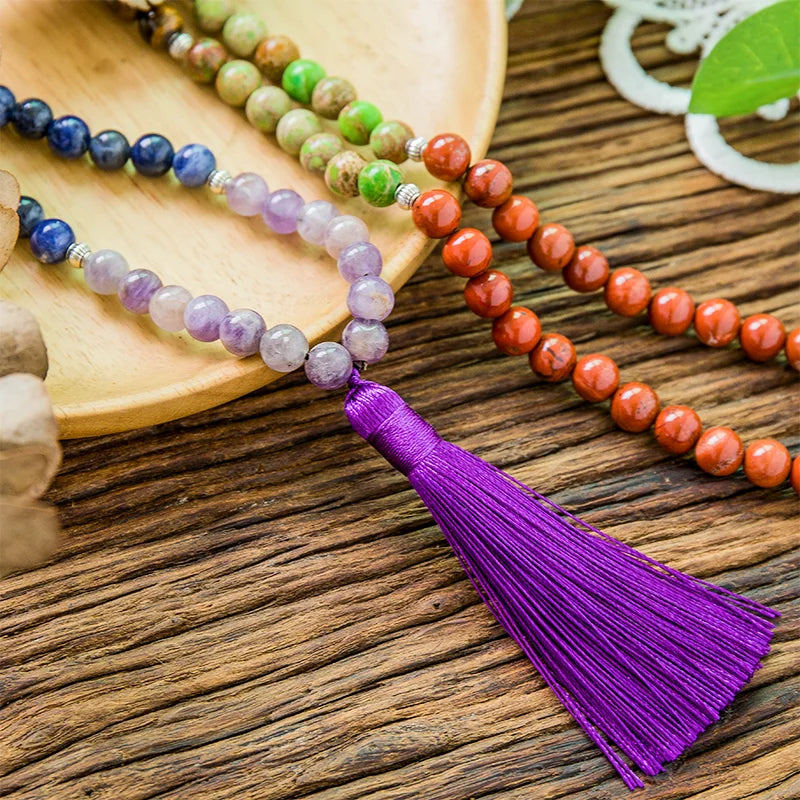 ✨ 8mm Natural Stone 7 Chakra Necklace – Meditation Yoga Peace Spirit Jewelry with 108 Japamala Beaded Rosary and Tassel Pendant