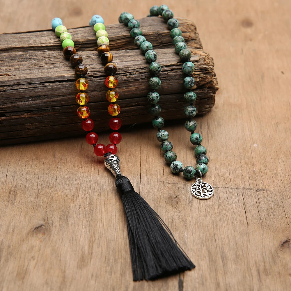 🌟African Turquoise "Evolution & Balance" 108 Mala – 8mm Knotted 7 Chakra Prayer Beads for Transformation &amp; Inner Peace 🧘♂️✨
