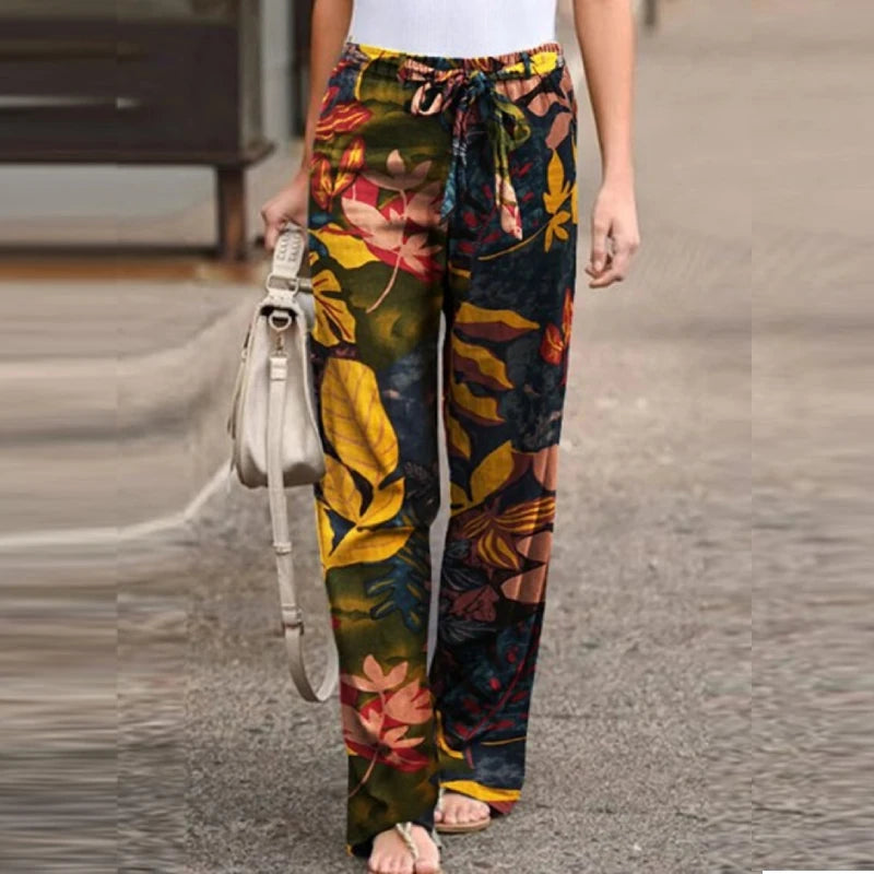 Vintage Women Drawstring Trousers Spring Autumn Fashion Floral Printed Wide Leg Pants Ladies Casual Loose Long Pantalones Print 2