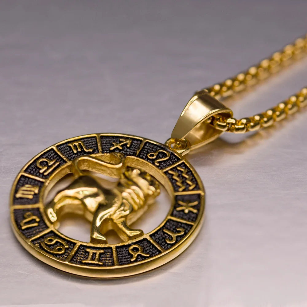 ♌♏ Zodiac Sign Leo Scorpio Pendant Necklace – Gold Color Stainless Steel Round 12 Constellation Design Unisex Astrology Jewelry Stylish Gift for Women and Men