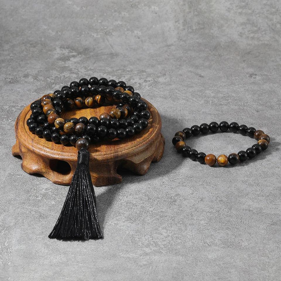 🐅 The "Grounded Warrior" Set: Tiger’s Eye & Black Onyx 108 Mala Necklace + Bracelet