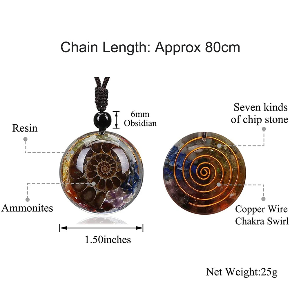 🌀 7 Chakra Spiral Healing Pendant: Resin Ammonite Necklace with Natural Crystal Chips – Adjustable Gemstone Jewelry for Energy Balance & Spiritual Gifts