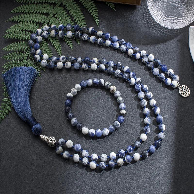 💙 Natural Flower Blue Sodalite Hand-Knotted 108 Mala Beads: The Stone of Truth & Inner Peace – Throat Chakra Healing Meditation Necklace & Yoga Rosary