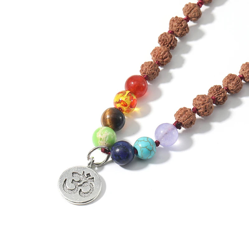 🕉️ Authentic Rudraksha & 7 Chakra Mala: 108 Bead Knotted Necklace with OM Pendant – Sacred "Tears of Shiva" Prayer Rosary for Meditation & Yoga