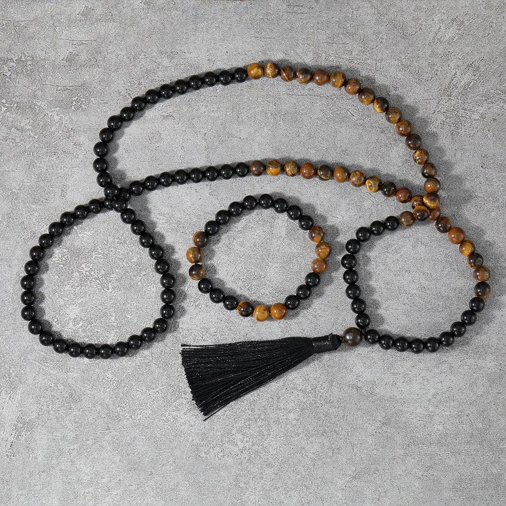 🐅 The "Grounded Warrior" Set: Tiger’s Eye & Black Onyx 108 Mala Necklace + Bracelet