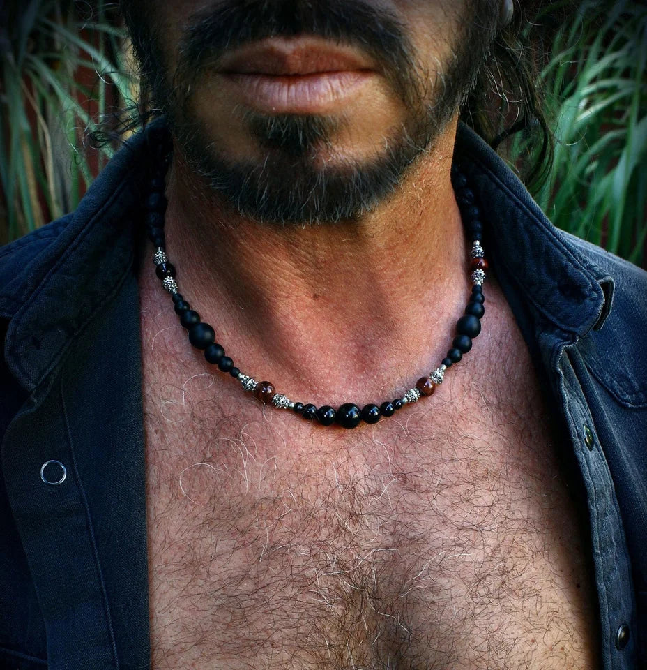 ✨ Masculine Black Tiger Eye Beaded Necklace – Casual Gemstone Jewelry for Men – Stylish and Timeless Accessory