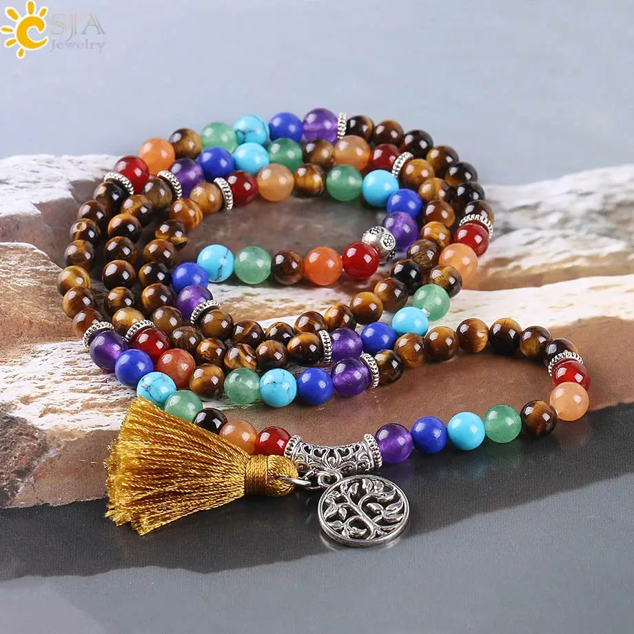 📿 108 Bead Rose Quartz & Tiger Eye Mala: 7 Chakra Healing Wrap Bracelet & Necklace – Heart Healing, Confidence & Meditation Prayer Beads