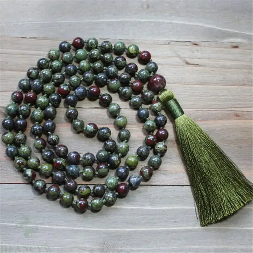 🐉 Natural Dragon Blood Jasper 108 Mala Beads (8mm): The Stone of Courage & Vitality – Heart Chakra Healing Necklace & Buddhist Prayer Japamala