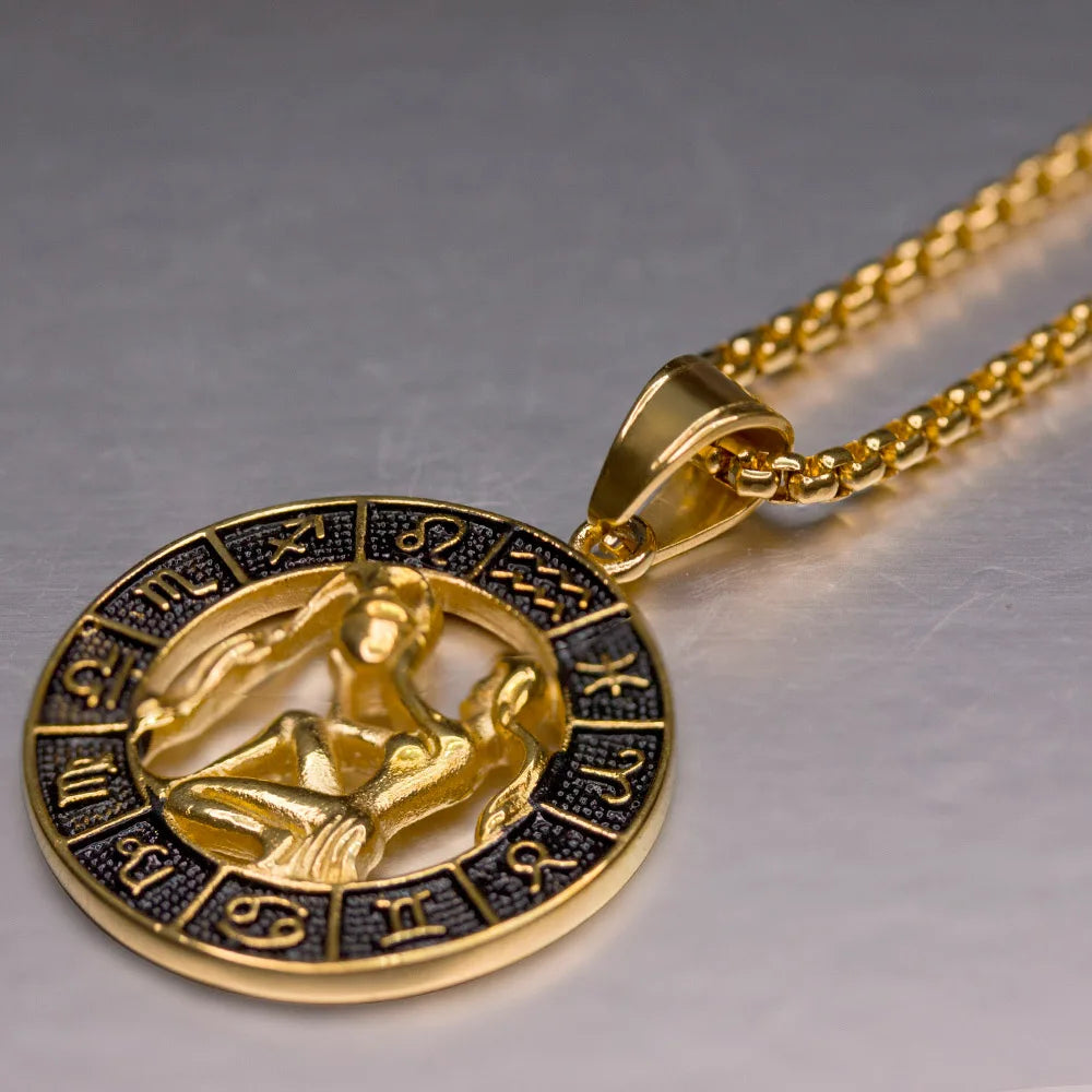 ♌♏ Zodiac Sign Leo Scorpio Pendant Necklace – Gold Color Stainless Steel Round 12 Constellation Design Unisex Astrology Jewelry Stylish Gift for Women and Men