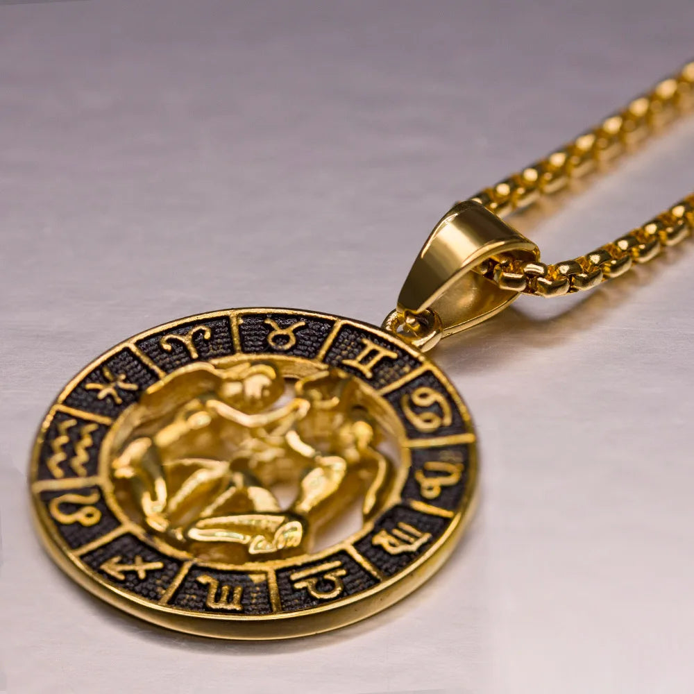 ♌♏ Zodiac Sign Leo Scorpio Pendant Necklace – Gold Color Stainless Steel Round 12 Constellation Design Unisex Astrology Jewelry Stylish Gift for Women and Men