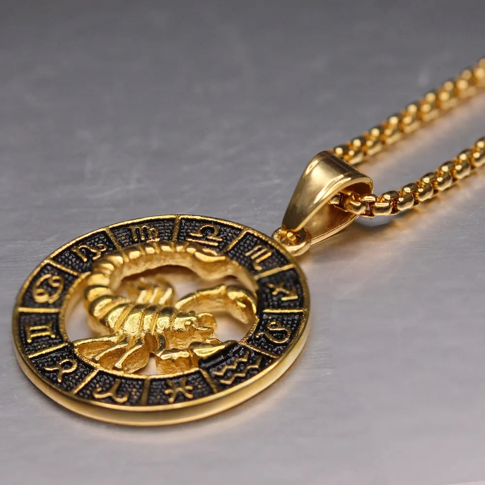♌♏ Zodiac Sign Leo Scorpio Pendant Necklace – Gold Color Stainless Steel Round 12 Constellation Design Unisex Astrology Jewelry Stylish Gift for Women and Men