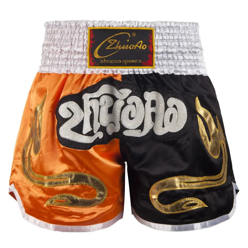 🥊The Apex Warrior Muay Thai Shorts: Professional Combat Performance Trunks – High-Definition Embroidery, Breathable Satin-Polyester, Custom Name/Logo Support, and Traditional Wide-Waistband Fit for Men, Women, and Kids