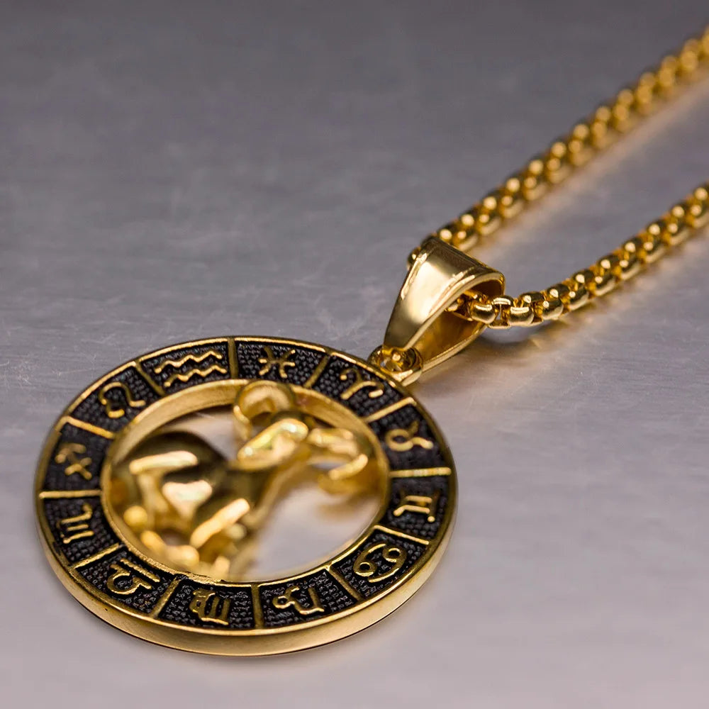 ♌♏ Zodiac Sign Leo Scorpio Pendant Necklace – Gold Color Stainless Steel Round 12 Constellation Design Unisex Astrology Jewelry Stylish Gift for Women and Men