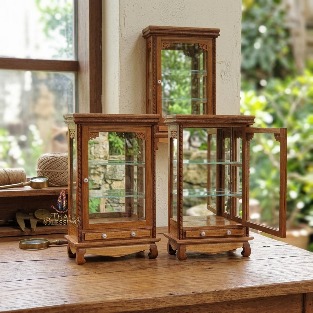 🔱 Handcrafted Miniature Antique Rectangular Flat Golden Teakwood Thai Pattern Showcase: Single-Door Access – Integrated Lower Structural Drawer – Premium Insect-Resistant Solid Teak Masterpiece!