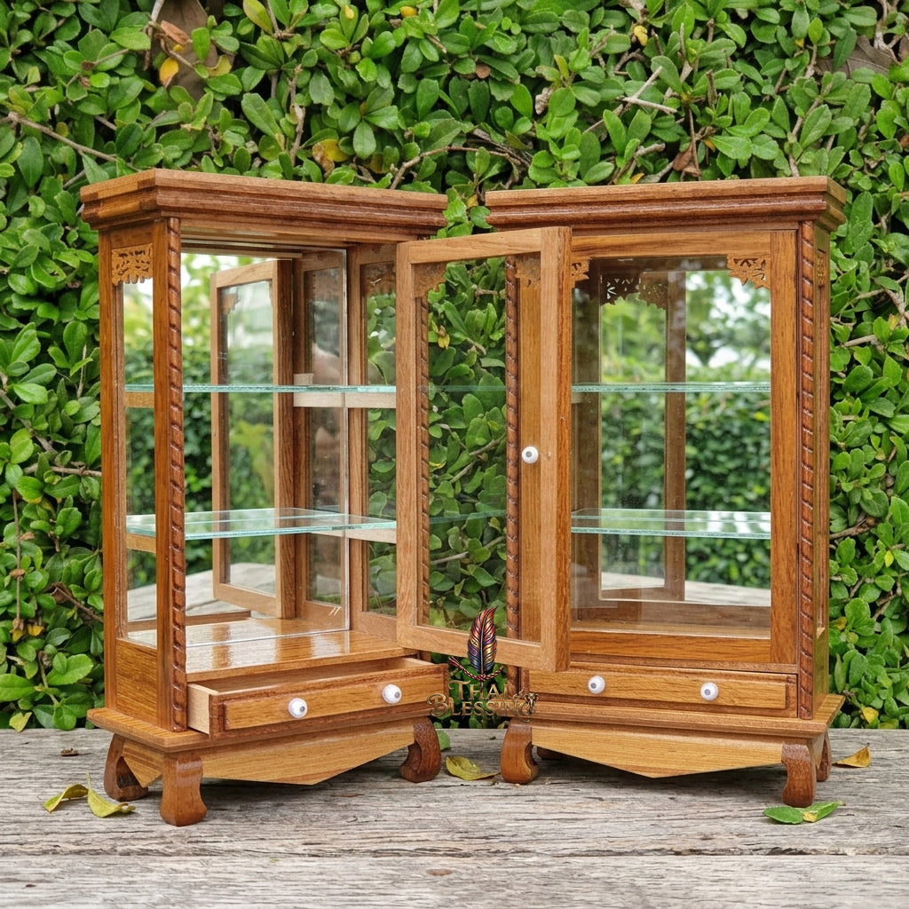 🔱 Handcrafted Miniature Antique Rectangular Flat Golden Teakwood Thai Pattern Showcase: Single-Door Access – Integrated Lower Structural Drawer – Premium Insect-Resistant Solid Teak Masterpiece!