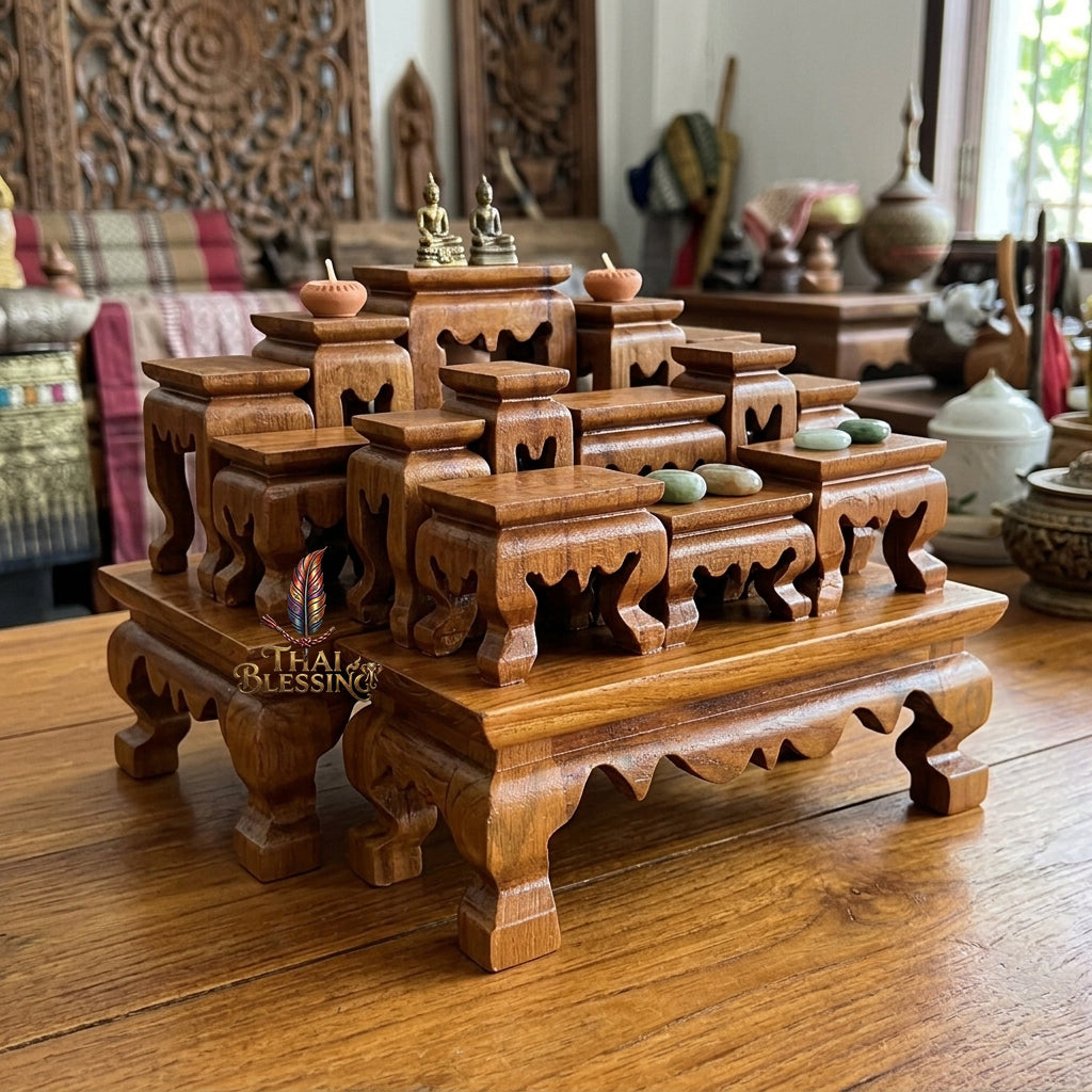🔱 Handcrafted Premium Golden Teak Miniature Altar Set Authentic Teak Mastery with Protective Lacquer Finish & Royal Lion-Leg Accents – Perfect High-Vibration Solution for Space-Constrained Altars, Corporate Desks & Auspicious Spiritual Alignments!