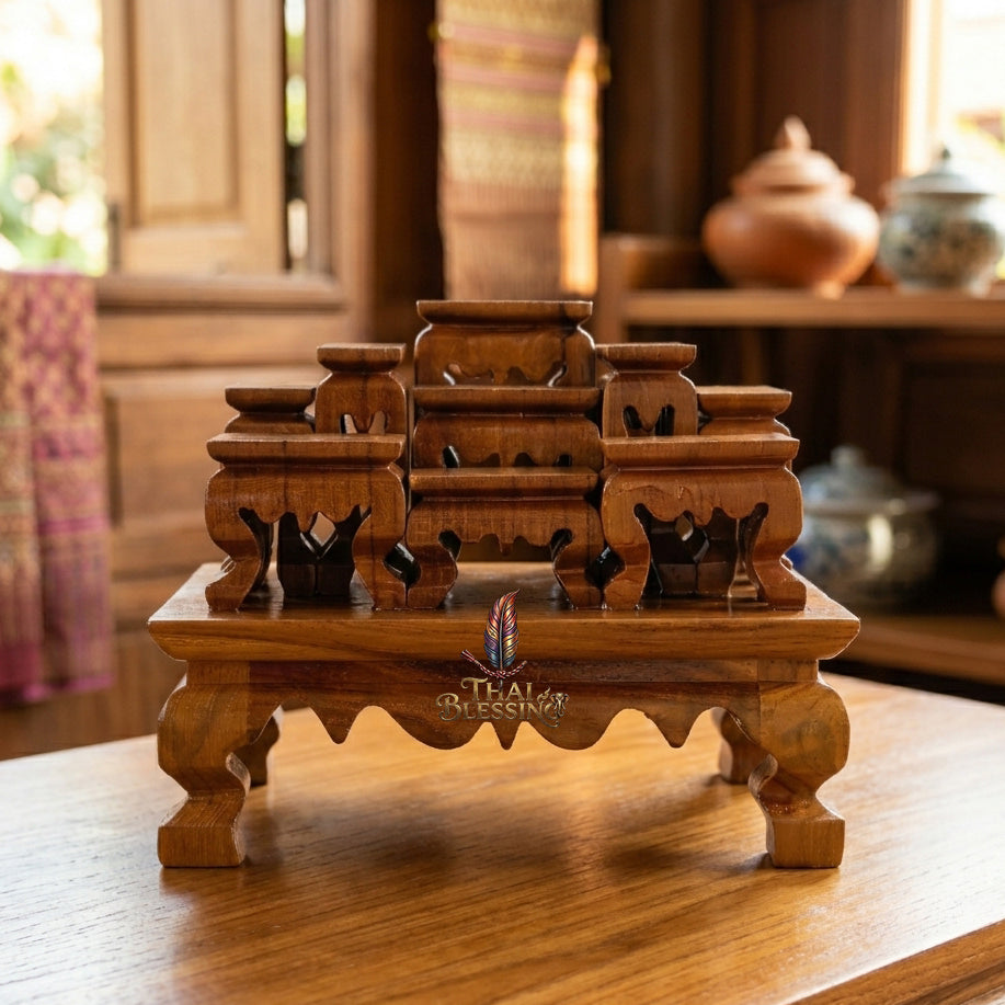 🔱 Handcrafted Premium Golden Teak Miniature Altar Set Authentic Teak Mastery with Protective Lacquer Finish & Royal Lion-Leg Accents – Perfect High-Vibration Solution for Space-Constrained Altars, Corporate Desks & Auspicious Spiritual Alignments!