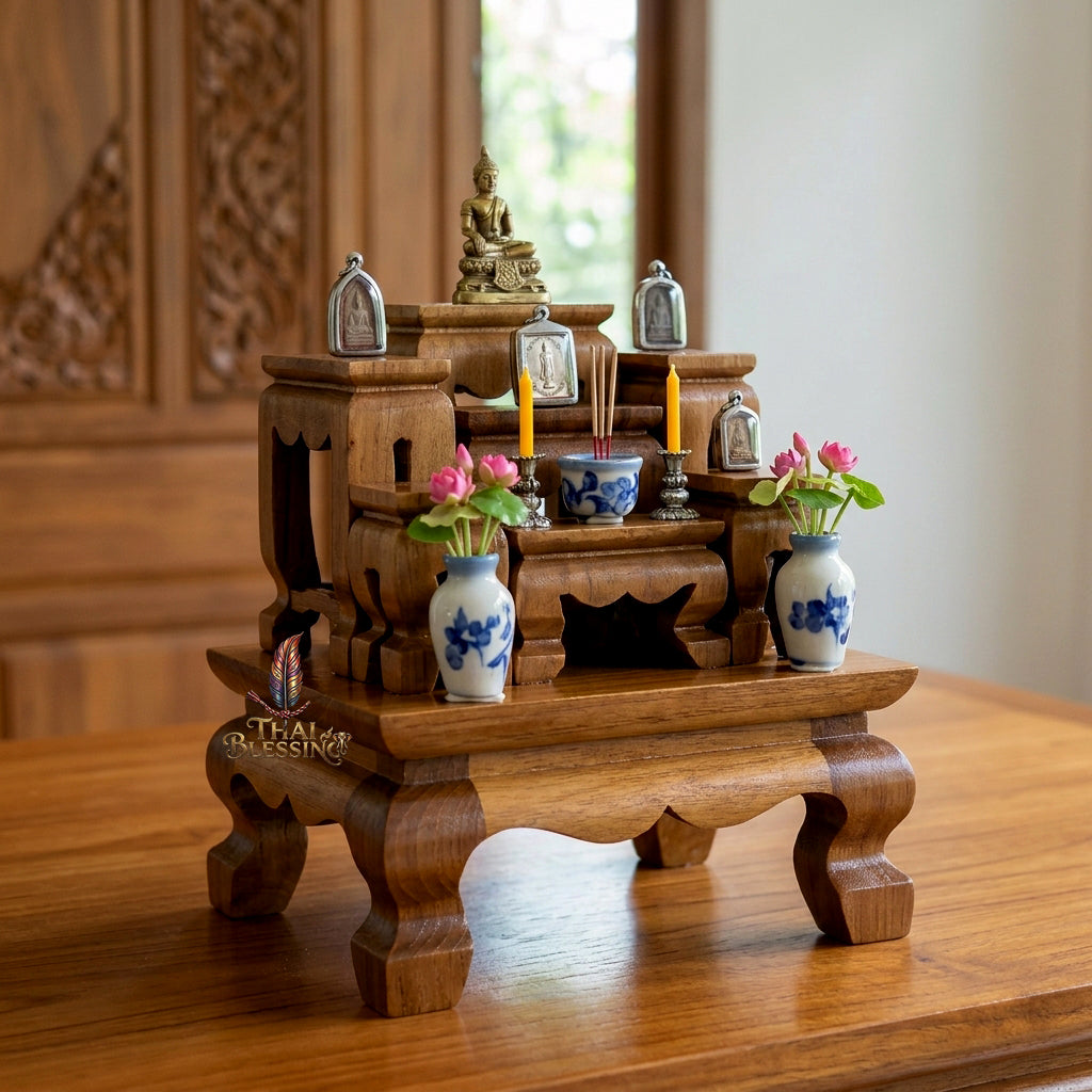 🔱 Handcrafted Premium Golden Teak Toh Moo 7 Miniature Altar Set 100% Genuine Teak Mastery with High-Gloss Protective Shield – The Ultimate Space-Saving Layout for Micro Buddha Statues, High-Value Amulets & Desktop Spiritual Alignments!