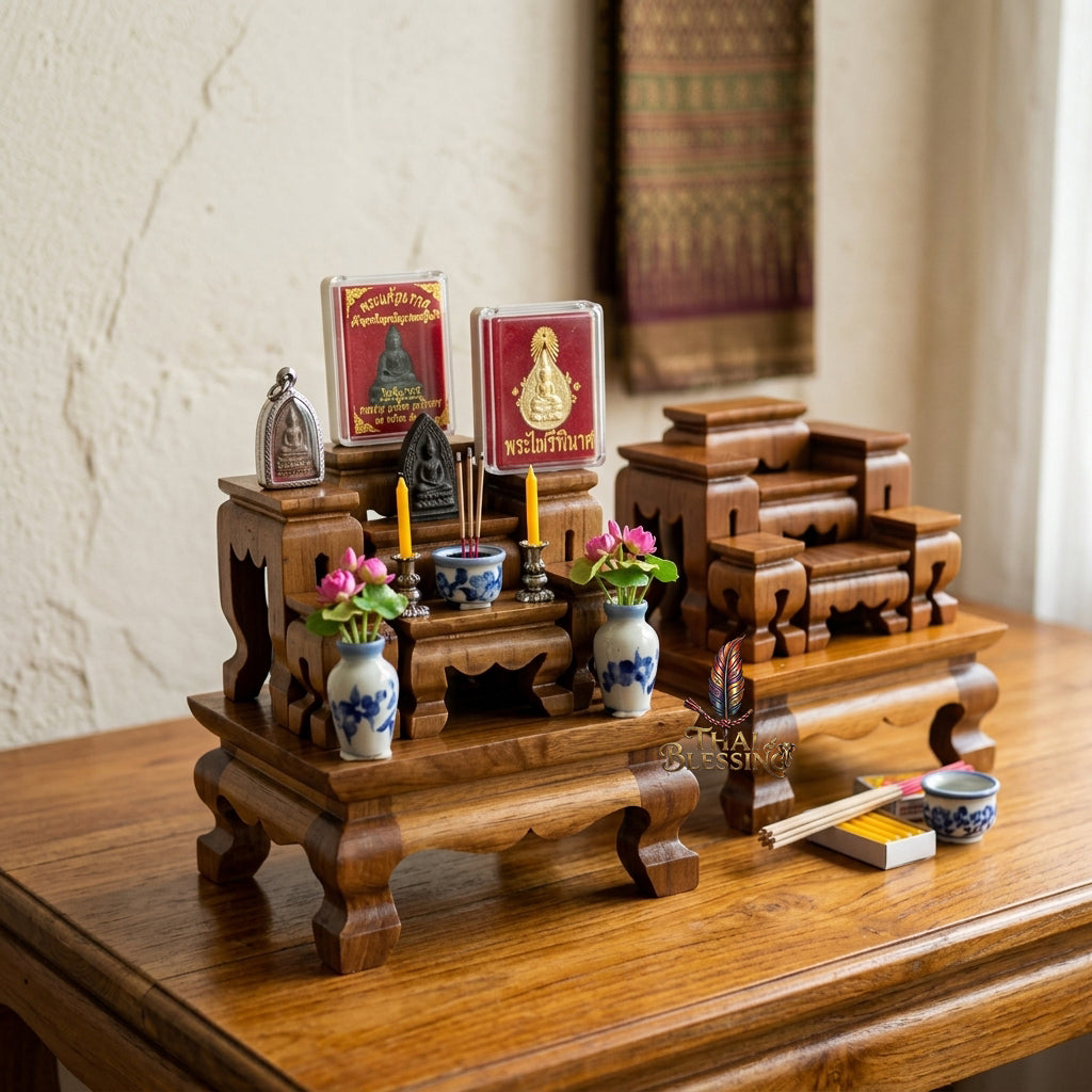 🔱 Handcrafted Premium Golden Teak Toh Moo 7 Miniature Altar Set 100% Genuine Teak Mastery with High-Gloss Protective Shield – The Ultimate Space-Saving Layout for Micro Buddha Statues, High-Value Amulets & Desktop Spiritual Alignments!
