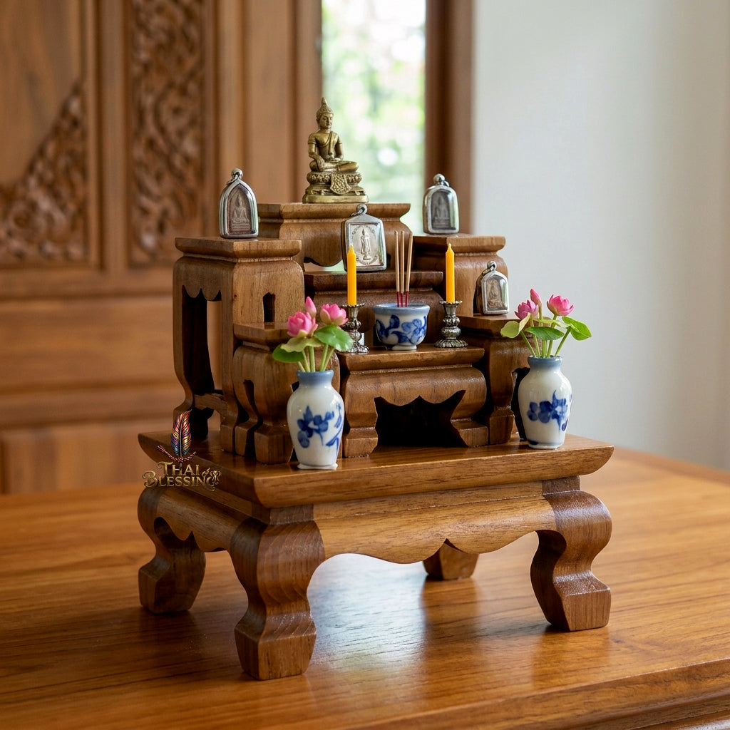 🔱 Handcrafted Premium Golden Teak Toh Moo 7 Miniature Altar Set 100% Genuine Teak Mastery with High-Gloss Protective Shield – The Ultimate Space-Saving Layout for Micro Buddha Statues, High-Value Amulets & Desktop Spiritual Alignments!