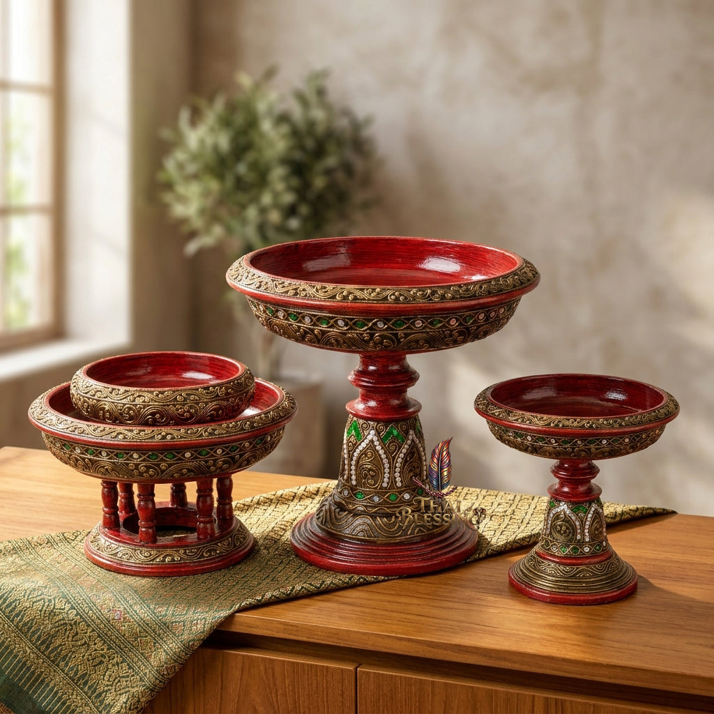 🔱 Handcrafted Traditional Lanna Wooden Jao Nang Pedestal Phan Series Multi-Scale Outer Diameter Spectrum (6" to 14") – Authentic Hand-Turned Chamchuri Wood Masterpiece!