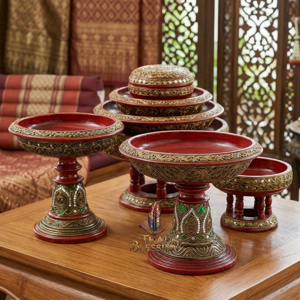 🔱 Handcrafted Traditional Lanna Wooden Jao Nang Pedestal Phan Series Multi-Scale Outer Diameter Spectrum (6" to 14") – Authentic Hand-Turned Chamchuri Wood Masterpiece!