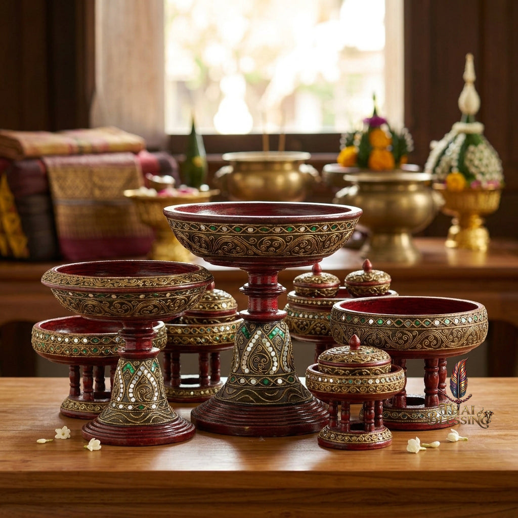 🔱 Handcrafted Traditional Lanna Wooden Jao Nang Pedestal Phan Series Multi-Scale Outer Diameter Spectrum (6" to 14") – Authentic Hand-Turned Chamchuri Wood Masterpiece!