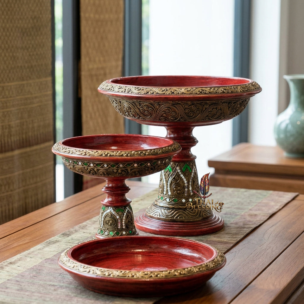 🔱 Handcrafted Traditional Lanna Wooden Jao Nang Pedestal Phan Series Multi-Scale Outer Diameter Spectrum (6" to 14") – Authentic Hand-Turned Chamchuri Wood Masterpiece!