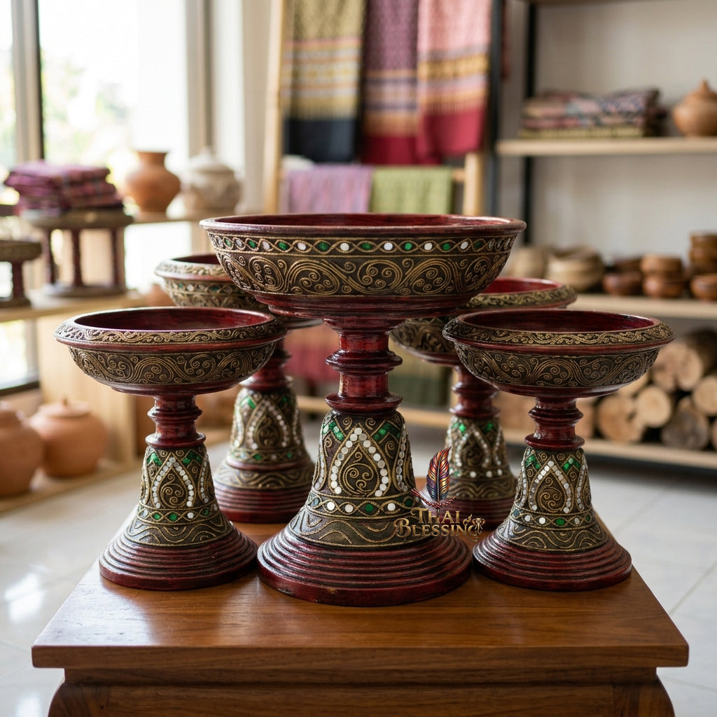 🔱 Handcrafted Traditional Lanna Wooden Jao Nang Pedestal Phan Series Multi-Scale Outer Diameter Spectrum (6" to 14") – Authentic Hand-Turned Chamchuri Wood Masterpiece!