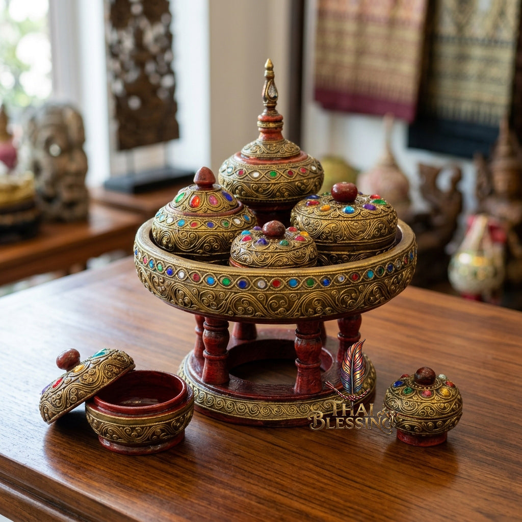 🔱 Handcrafted Traditional Thai Betel Nut Pedestal Set – Featuring 10" Solid Khantoke Base & 3 Complementary Sacred Offering Jars – The Supreme Symbol of Hospitality, Auspicious Wisdom & Spiritual Merit!