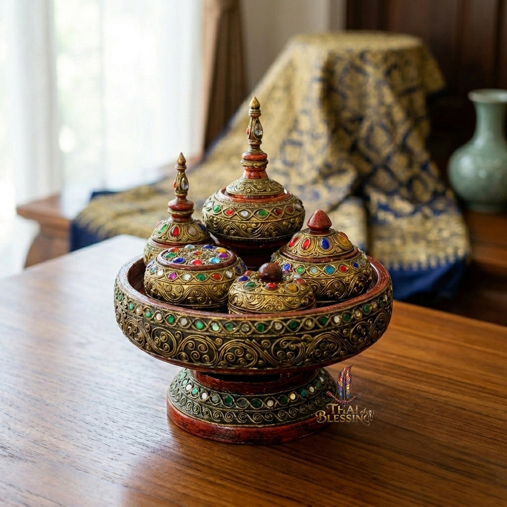 🔱 Handcrafted Traditional Thai Betel Nut Pedestal Set – Featuring 10" Solid Khantoke Base & 3 Complementary Sacred Offering Jars – The Supreme Symbol of Hospitality, Auspicious Wisdom & Spiritual Merit!