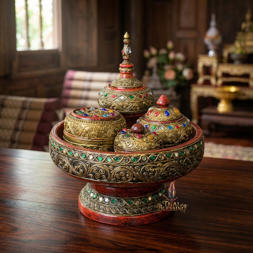 🔱 Handcrafted Traditional Thai Betel Nut Pedestal Set – Featuring 10" Solid Khantoke Base & 3 Complementary Sacred Offering Jars – The Supreme Symbol of Hospitality, Auspicious Wisdom & Spiritual Merit!