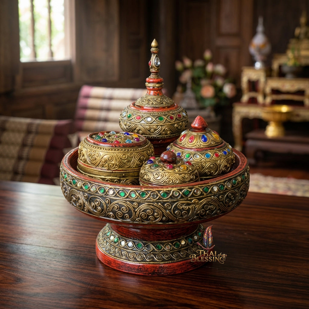 🔱 Handcrafted Traditional Thai Betel Nut Pedestal Set – Featuring 10" Solid Khantoke Base & 3 Complementary Sacred Offering Jars – The Supreme Symbol of Hospitality, Auspicious Wisdom & Spiritual Merit!