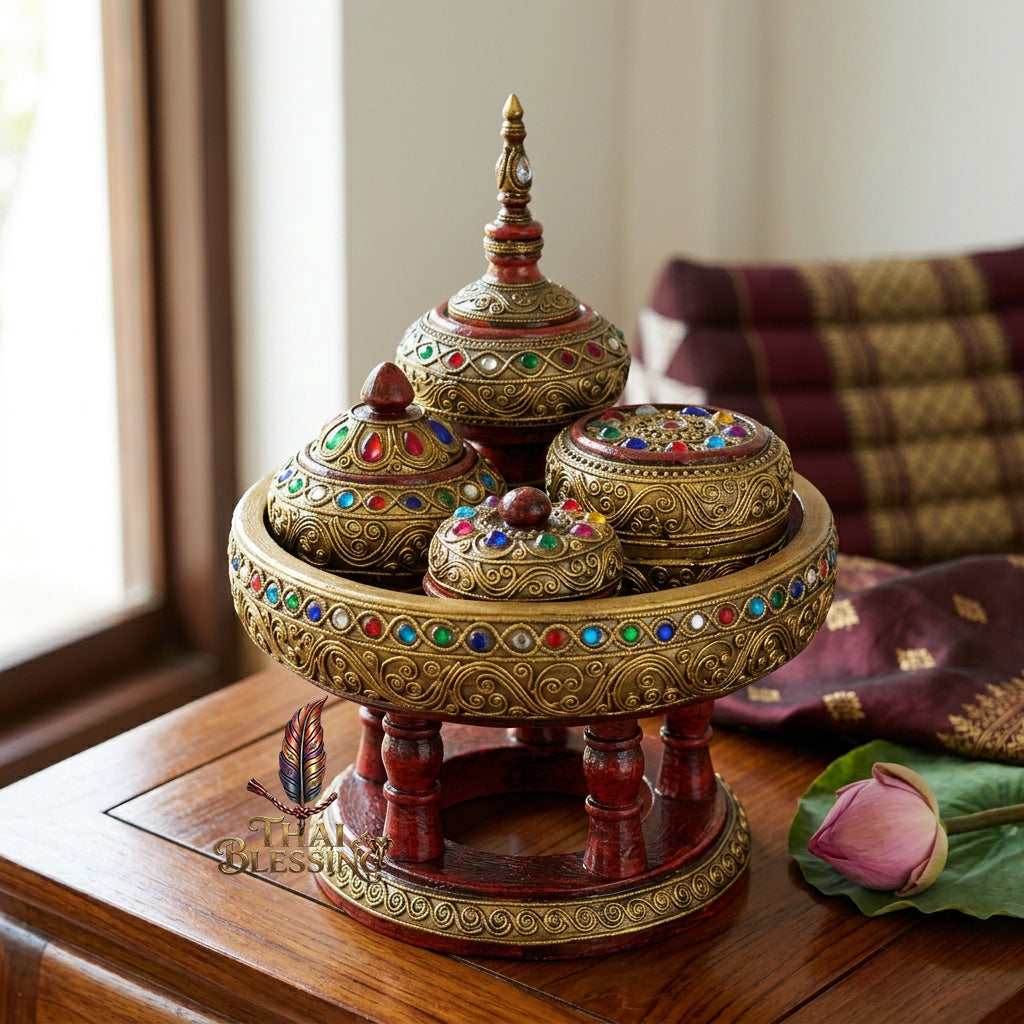 🔱 Handcrafted Traditional Thai Betel Nut Pedestal Set – Featuring 10" Solid Khantoke Base & 3 Complementary Sacred Offering Jars – The Supreme Symbol of Hospitality, Auspicious Wisdom & Spiritual Merit!
