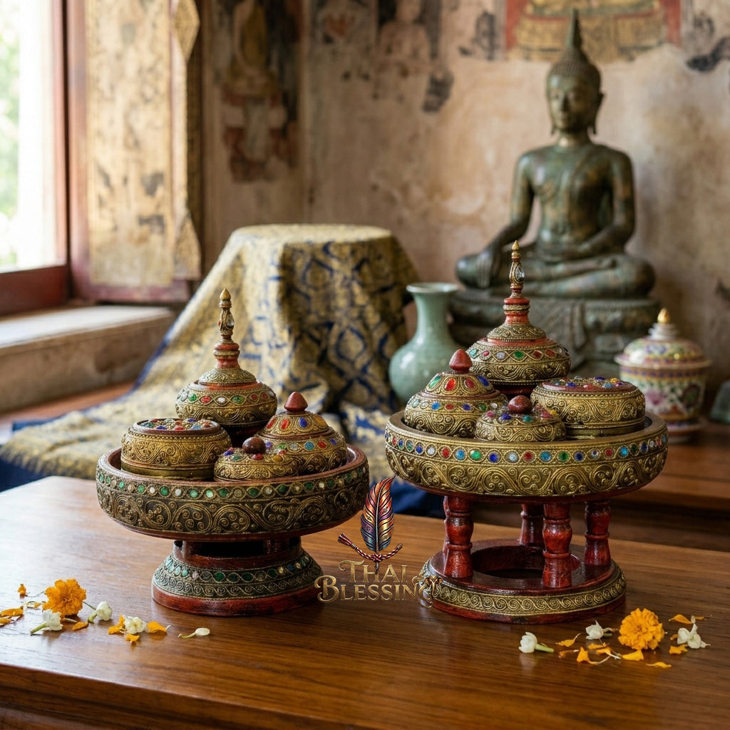 🔱 Handcrafted Traditional Thai Betel Nut Pedestal Set – Featuring 10" Solid Khantoke Base & 3 Complementary Sacred Offering Jars – The Supreme Symbol of Hospitality, Auspicious Wisdom & Spiritual Merit!