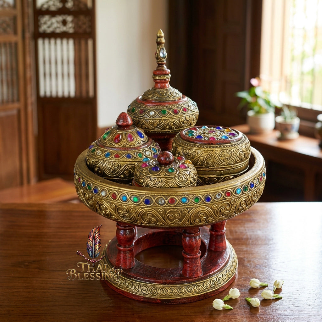🔱 Handcrafted Traditional Thai Betel Nut Pedestal Set – Featuring 10" Solid Khantoke Base & 3 Complementary Sacred Offering Jars – The Supreme Symbol of Hospitality, Auspicious Wisdom & Spiritual Merit!